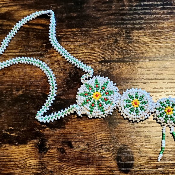 Native American Beaded Necklace - Leather backing - 16 1/2" long - Picture 2 of 4